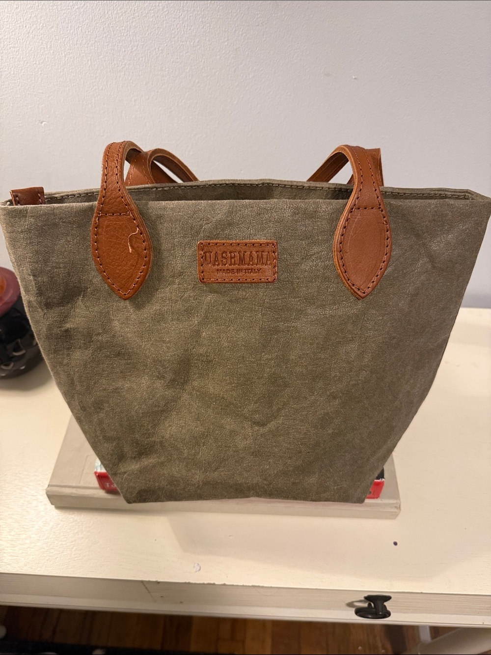 UASHMAMA Olive  Tote with Tan Leather Trim — Made in Italy
